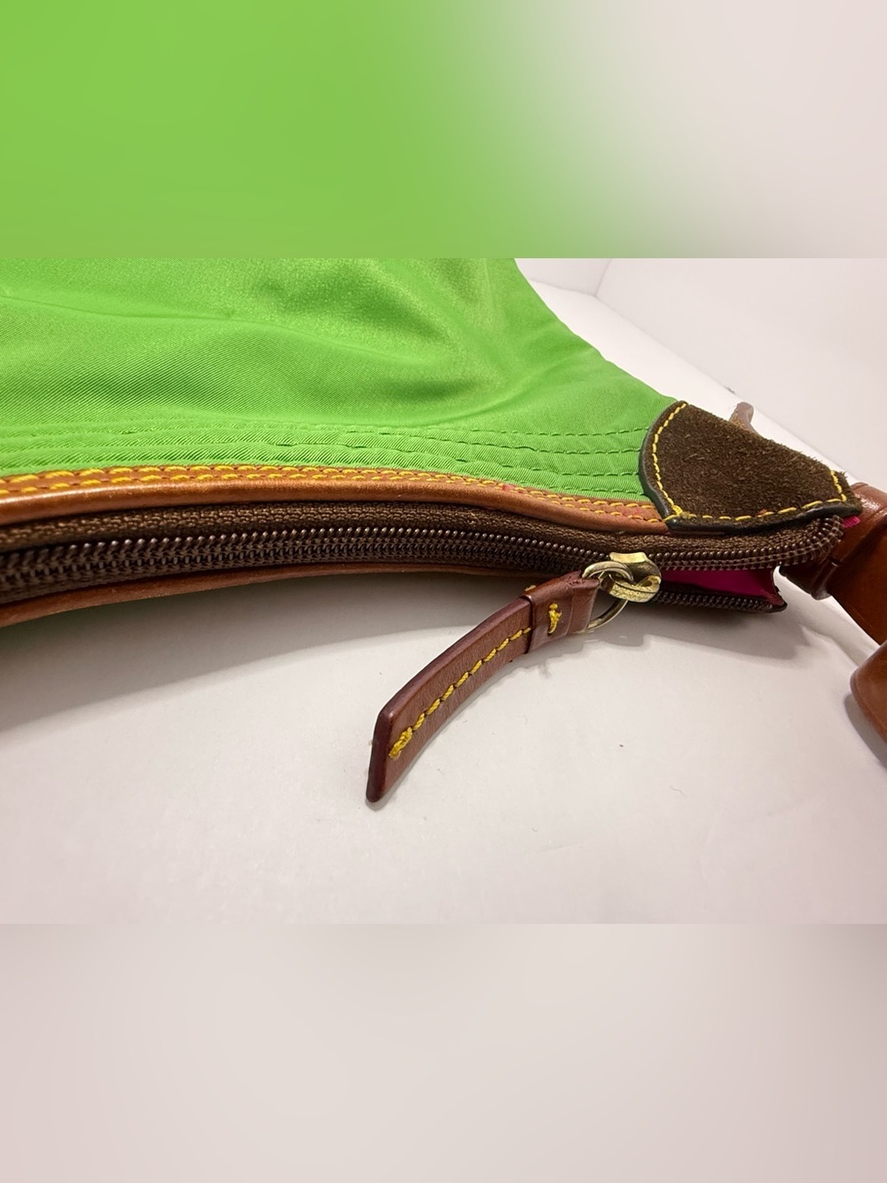Dooney & Bourke Lime Green Nylon Shoulder Bag Pink Lining. - Picture 9 of 12